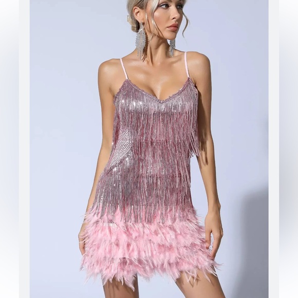 Dresses & Skirts - Pink sequin fringe and feather dress